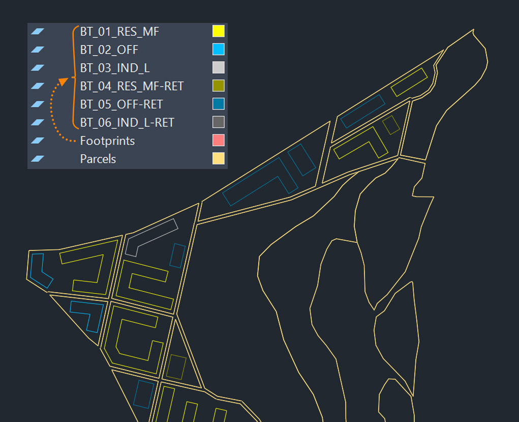 Розподіл контурів будівель за окремими CAD-шарами відповідно до типу забудови. Джерело: Esri