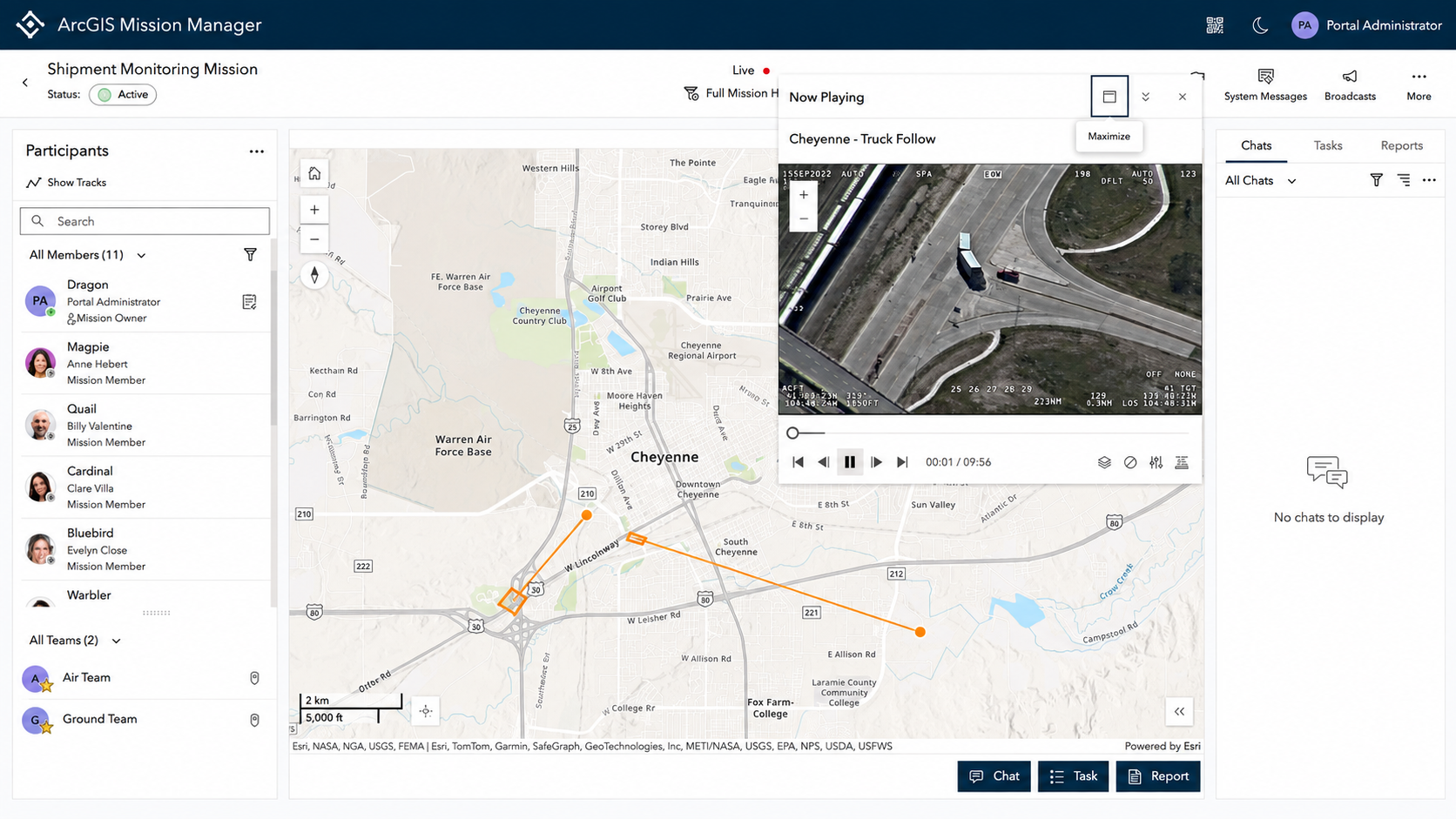 Live- та recorded video в ArcGIS Mission Manager поруч із картою, треками та завданнями. Джерело: Esri.